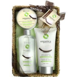 Idc Institute Organica Coconut Oil sprchový gel 188 ml + tělové mléko 180 ml + tělový peeling 60 ml + sisalová houbička 1 kus v košíku, kosmetická sada